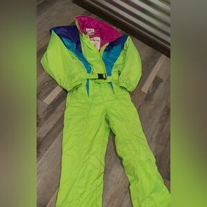 Obermeyer Bright Lime Ski Suit with Purple and Blue Accents